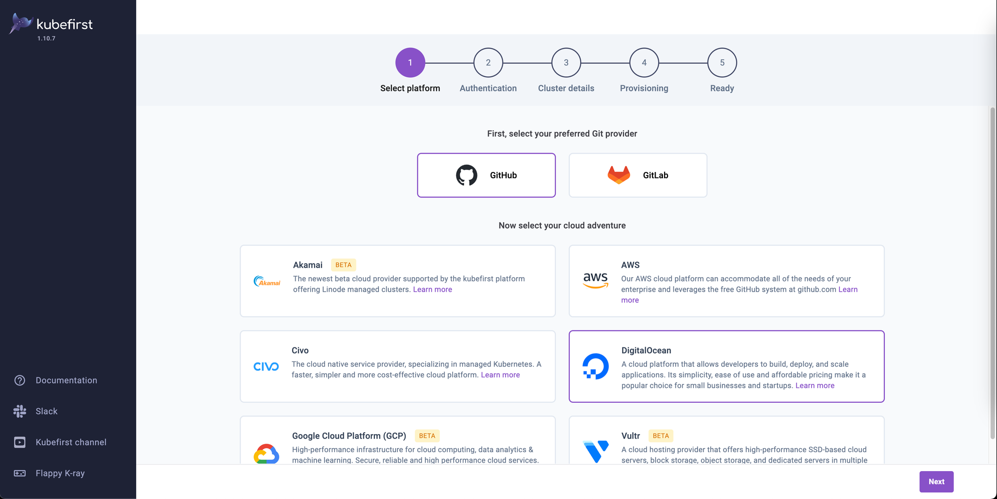 The Console UI displaying the first step for creating a new cluster, showcasing the choice between GitHub or GitLab for your Git provider, and AWS, Civo, DigitalOcean, Google Cloud, and Vultr for public clouds.