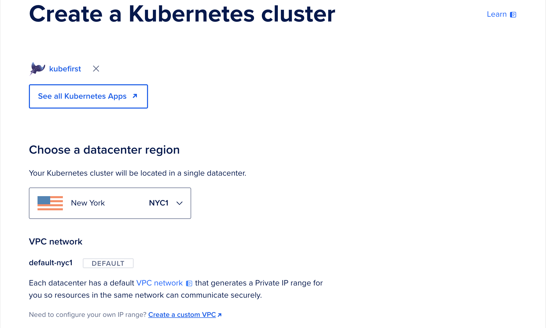 DigitalOcean Kubernetes cluster creation page first section with datacenter region and VPC network selection.