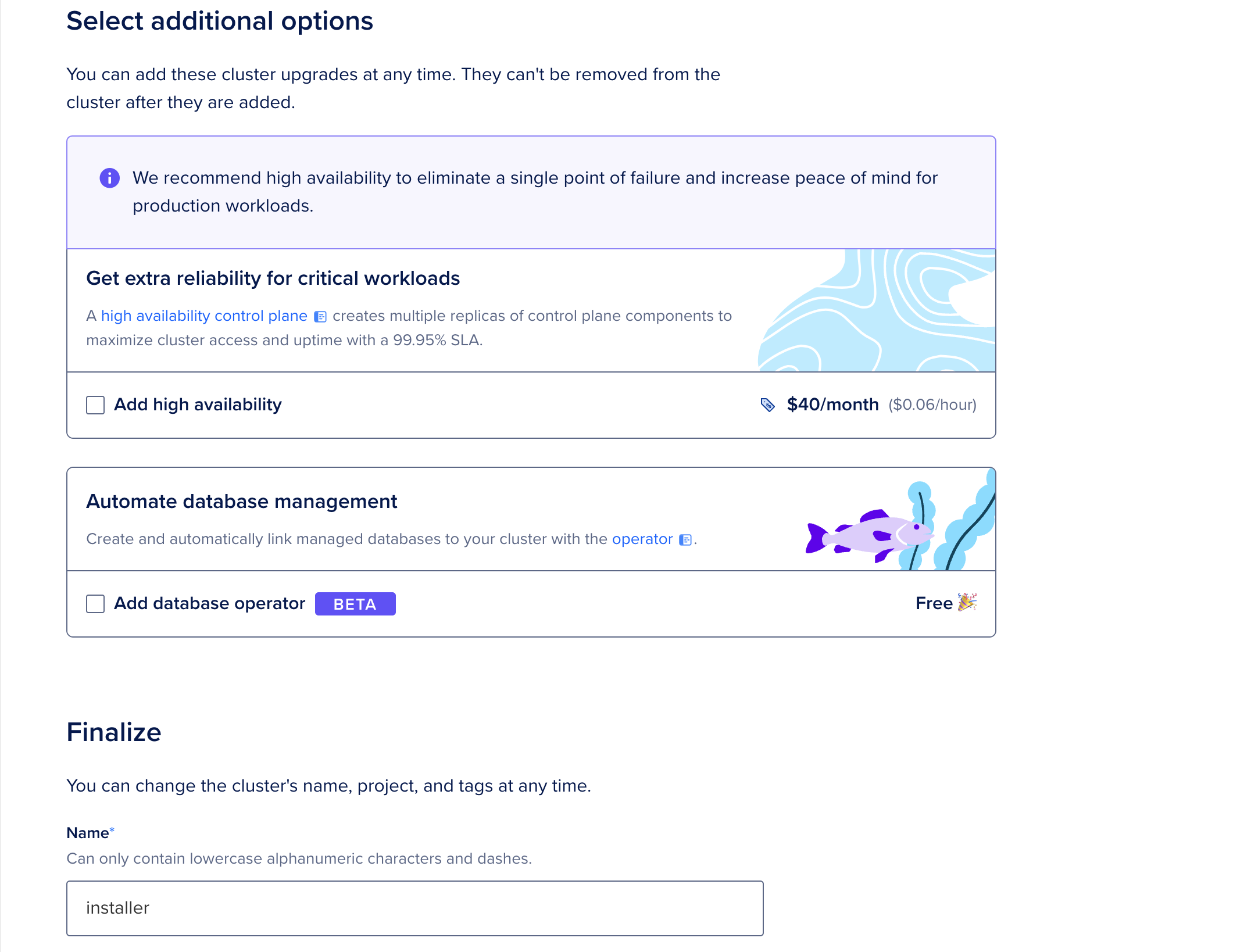 DigitalOcean Kubernetes cluster creation page showing the section about the additional options and cluster name.