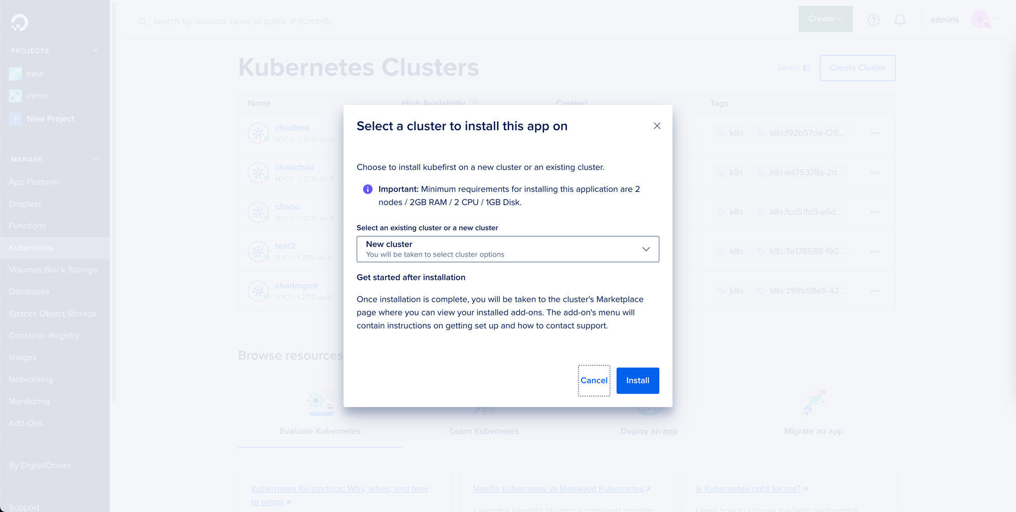 DigitalOcean cloud dashboard showing the new cluster creation page with a popup showing kubefirst information for the installation.