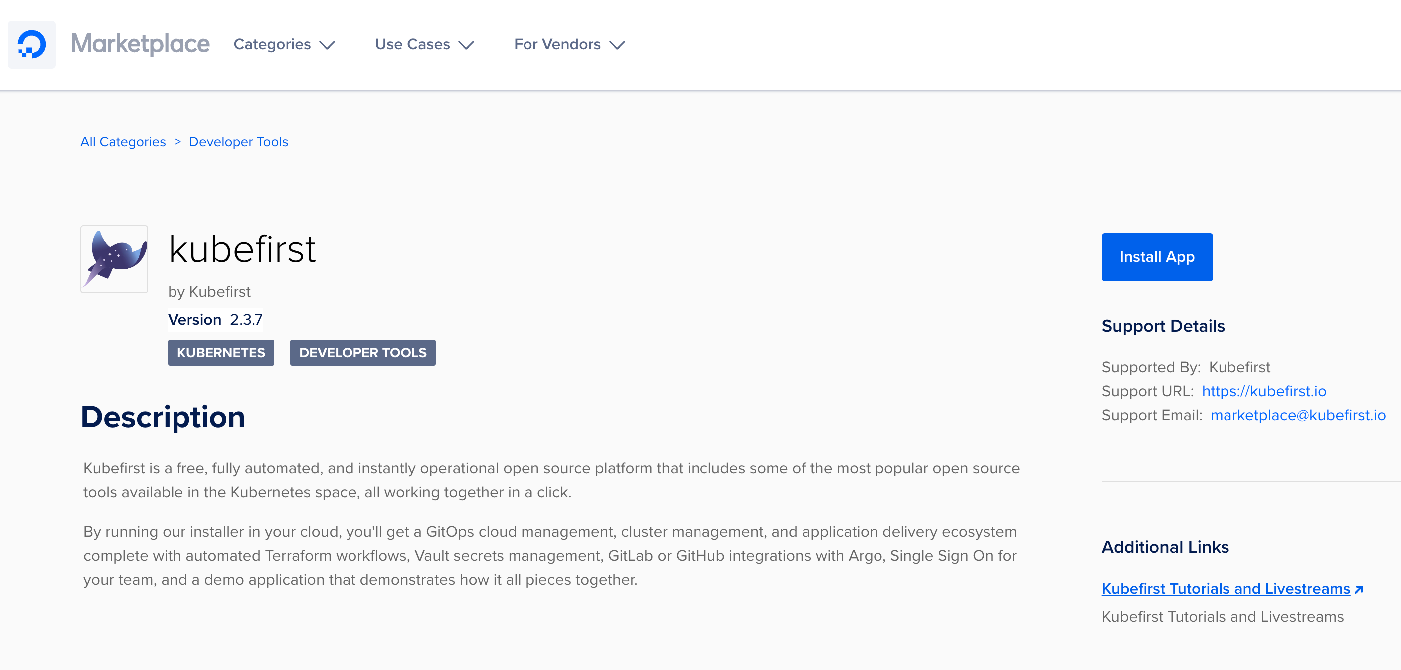 Screenshot of the kubefirst page in the DigitalOcean Marketplace