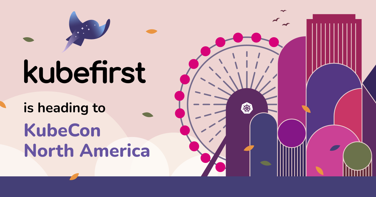 kubefirst logo on the KubeCon background mentioning that we are heading to the event.